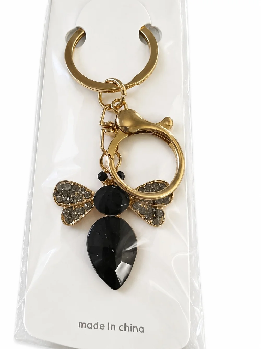 Mint Gold-Tone Keyring with Black Crystal Bee Charm